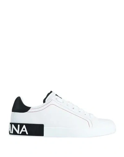 Dolce & Gabbana Portofino White Low Top Sneakers With Patch Logo And Red Stitching In Smooth Leather Man