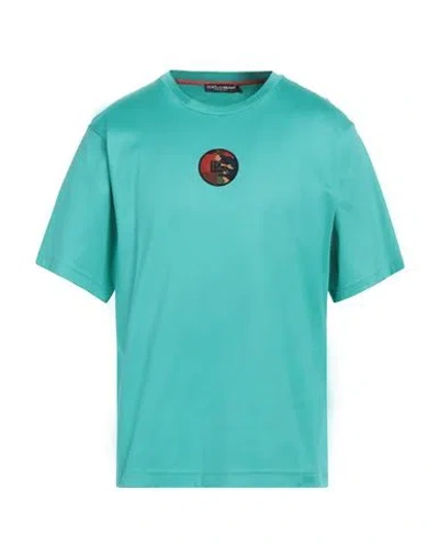 Dolce & Gabbana Green Logo Patch Round Neck Cotton  T-shirt In Blue