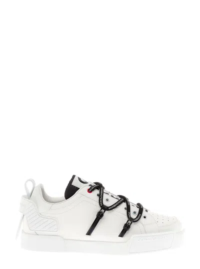 Dolce & Gabbana Mans Portofino White Leather And Patent Sneakers In White/black