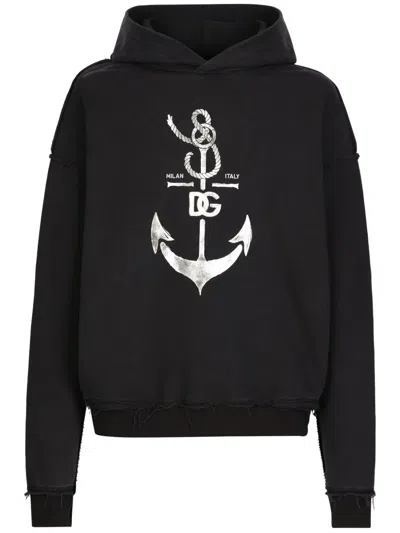 Dolce & Gabbana Printed Washed Cotton Jersey Hoodie In Blue Scurissimo