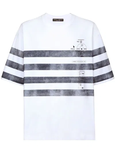 Dolce & Gabbana Marina Print Short-sleeve Crewneck T-shirt In White With Light-blue Stripes For Men