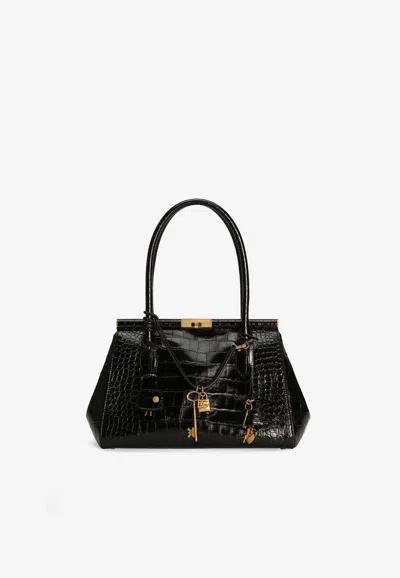 Dolce & Gabbana Marlene Everyday Shoulder Bag In Croc-embossed Leather In Black