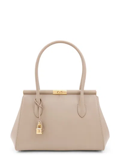 Dolce & Gabbana Marlene Leather Handbag With Charm Detail On The Front In Beige