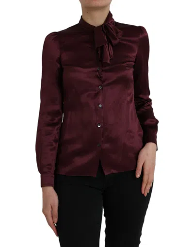 Dolce & Gabbana Maroon Ascot Collar Long Sleeve Top Women's Blouse In Burgundy