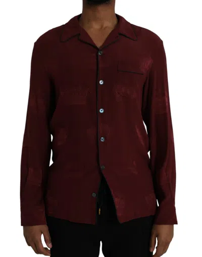 Dolce & Gabbana Maroon Crown Jacquard Silk Long Sleeve Shirt In Bordeaux