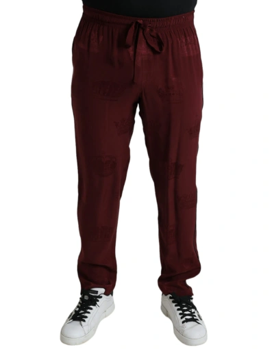 Dolce & Gabbana Maroon Crown Pattern Silk Pyjama Trousers