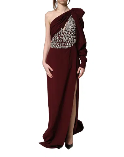 Pre-owned Dolce & Gabbana Maroon Crystal One Shoulder Eveninggown Women's Dress () In Burgundy