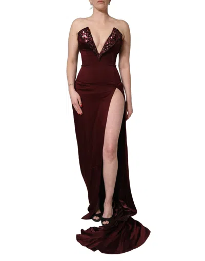 Dolce & Gabbana Maroon Embellished Vneck Evening Gown Dress In Burgundy