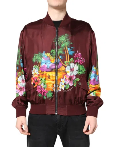 Dolce & Gabbana Maroon Floral Print Full Zip Bomber Jacket In Burgundy