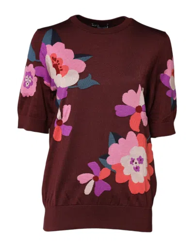 Pre-owned Dolce & Gabbana Maroon Floral Silk Crew Neck Blouse Women's Top () In Burgundy