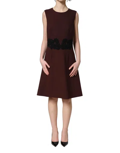 Dolce & Gabbana Maroon Lace Sleeveless Knee Length Women's Dress In Maroon And Black
