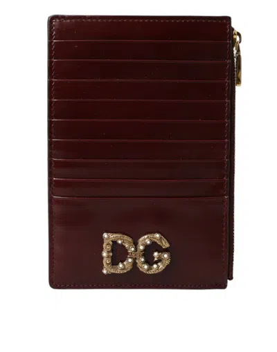 Dolce & Gabbana Maroon Leather Dg Amore Zip Card Holder Wallet