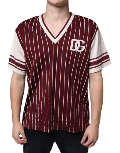 Dolce & Gabbana Maroon Stripes Cotton Logo V-neck T-shirt In Red