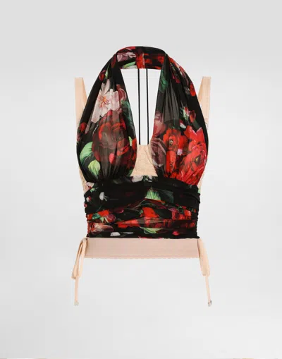 DOLCE & GABBANA MARQUISETTE AND CHIFFON CORSET TOP WITH FLORAL PRINT