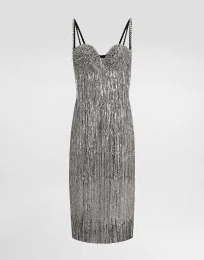 Dolce & Gabbana Marquisette Calf-length Dress With Sequined Fringing In Multicolor