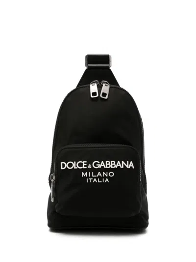 Dolce & Gabbana Nylon Shoulder Backpack With Front Rubber Logo In Black
