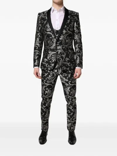 Dolce & Gabbana Martini Baroque-jacquard Three-piece Suit In Black