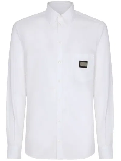 Dolce & Gabbana Men's Optical White Brand-plaque Curved-hem Regular-fit Cotton Shirt