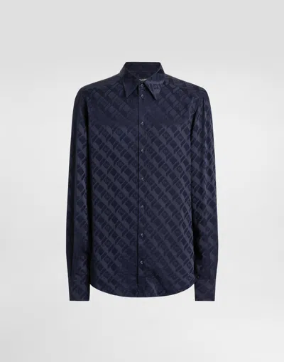 Dolce & Gabbana Martini Shirt In Logo Silk Jacquard In Blue