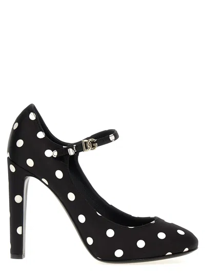 Dolce & Gabbana Sharon 105 Polka Dot Mary-jane Satin Pumps In Polka Dots Black Background