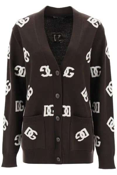 Dolce & Gabbana Maxi Cardigan With Dg Pattern Inlay In Brown