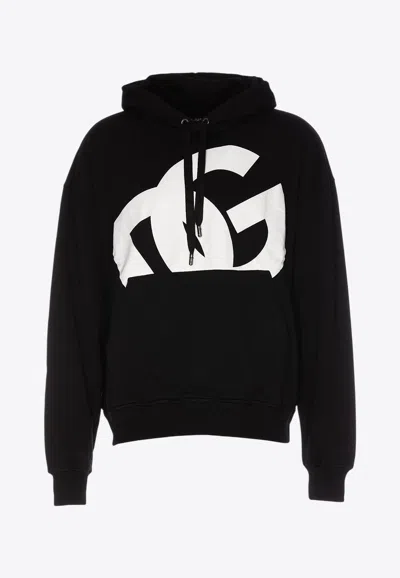 Dolce & Gabbana Maxi Dg Print Hooded Sweatshirt In Black