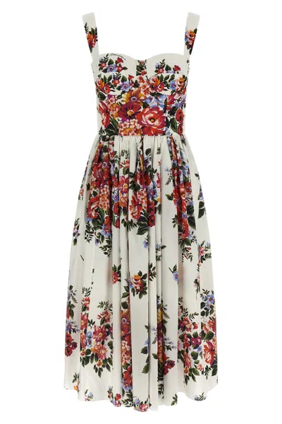 Dolce & Gabbana White Cotton Midi Dress With Floral Print Dolce E Gabbana In Multi