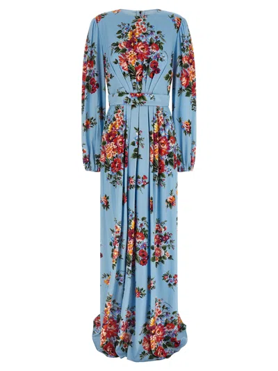 Dolce & Gabbana Mazzo Di Fiori Pleated Belted Floral Dress In Blue