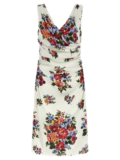 Dolce & Gabbana Mazzo Di Fiori V Neck Ruched Dress In White