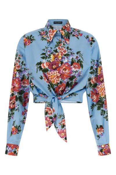 Dolce & Gabbana Floral Shirt Collared Neck Long Sleeves Tie Front In Blue