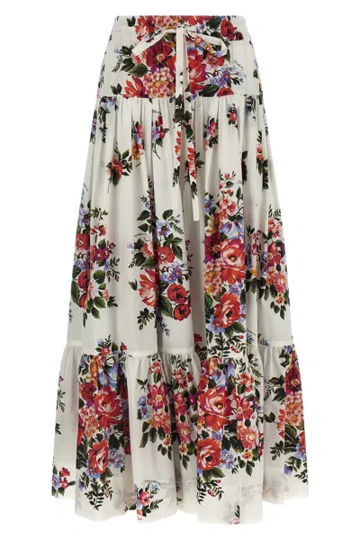 Dolce & Gabbana White Long Skirt With Floral Print And Elasticated Waistband In Cotton Woman