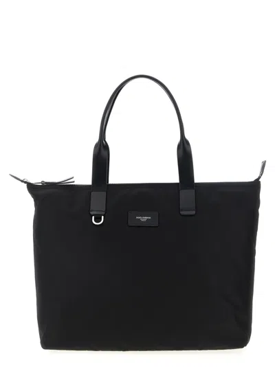 Dolce & Gabbana Media Logo Patch Shopping Bag In Black
