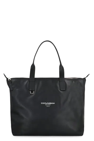 Dolce & Gabbana Media Smooth Leather Tote Bag In Black
