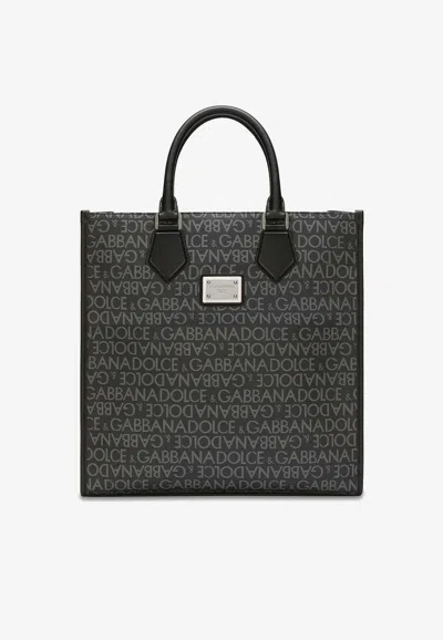 Dolce & Gabbana Medium Coated Logo Jacquard Tote Bag In Black