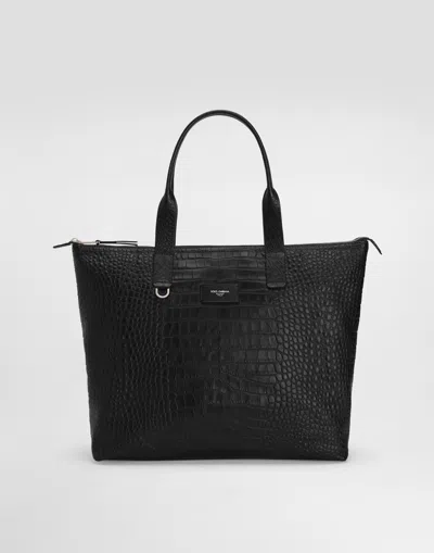 Dolce & Gabbana Medium Crocodile-print Calfskin Shopper In Black