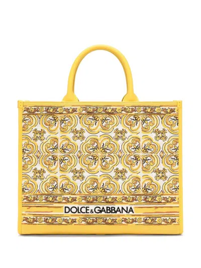 Dolce & Gabbana Printed Canvas Tote In Yellow