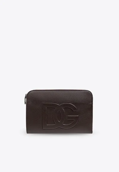 Dolce & Gabbana Medium Dg Logo Leather Pouch Bag In Brown