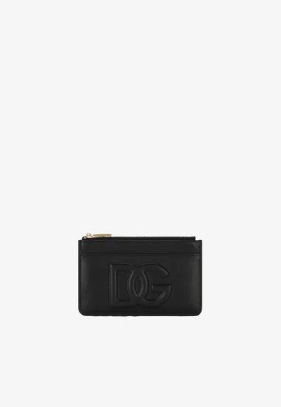 Dolce & Gabbana Medium Dg Logo Zip Cardholder In Calf Leather In Black