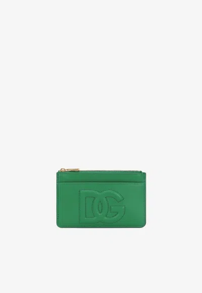 Dolce & Gabbana Medium Dg Logo Zip Cardholder In Calf Leather In Green