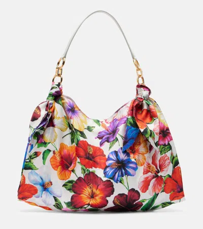 Dolce & Gabbana Medium Floral Satin Tote Bag In White