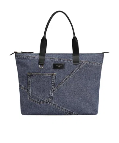 Dolce & Gabbana Medium Quilted Denim Shopping Bag In Black