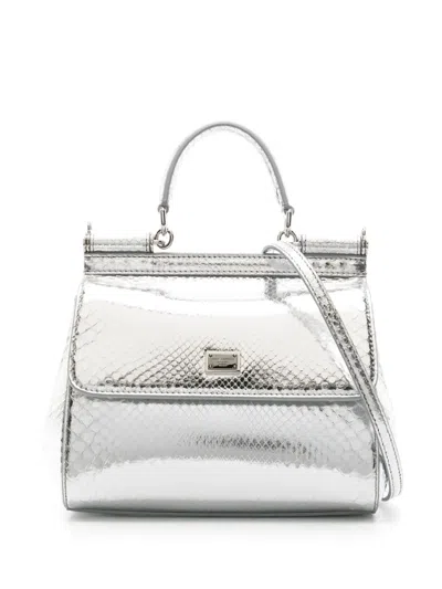 Dolce & Gabbana Sicily Snakeskin-effect Shoulder Bag In Silver