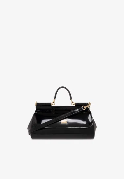 Dolce & Gabbana Medium Sicily Patent Leather Handbag In Black