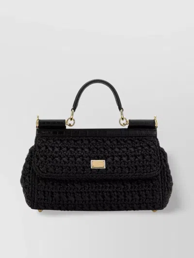 Dolce & Gabbana Medium Sicily Raffia Shoulder Bag In Black