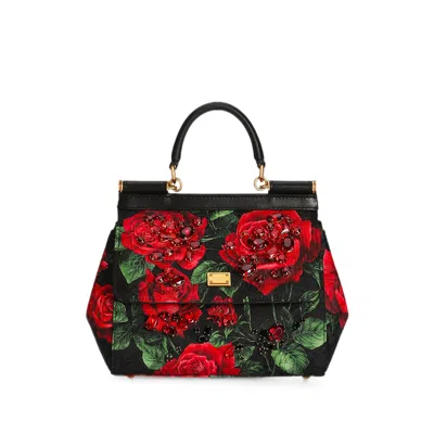 Dolce & Gabbana Medium Sicily Rose-print Crystal-embellished Tote Bag In Black/red