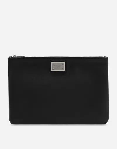 Dolce & Gabbana Medium-sized Grainy Calfskin And Nylon Pouch In ブラック