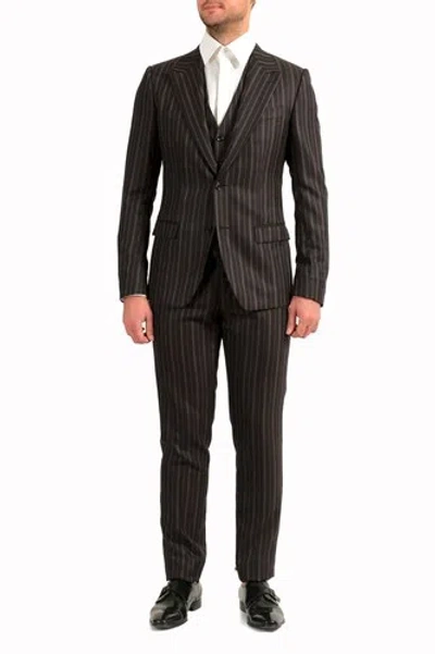 Pre-owned Dolce & Gabbana Men's 100% Wool Striped Two Button Three Piece Suit In Gray
