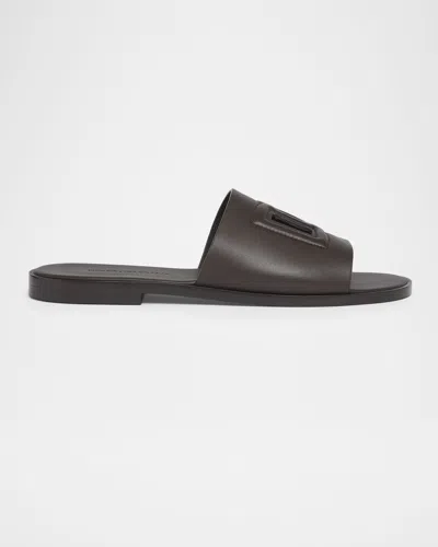 Dolce & Gabbana Men & Apos;s Calfskin Dg Logo Slide Sandals In Cioccolato