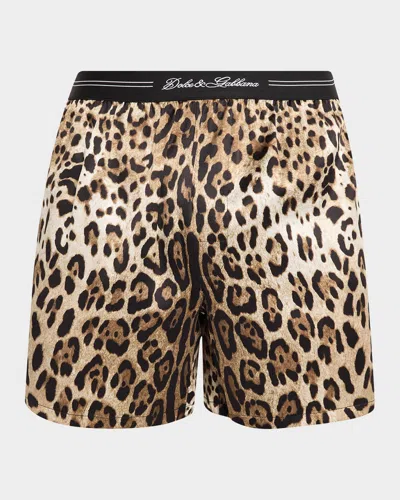 Dolce & Gabbana Men & Apos;s Leopard-print Silk Boxer Trunks In Multi