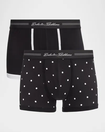 Dolce & Gabbana Men & Apos;s Mixed Solid And Polka Dot 2-pack Boxer Briefs In Black